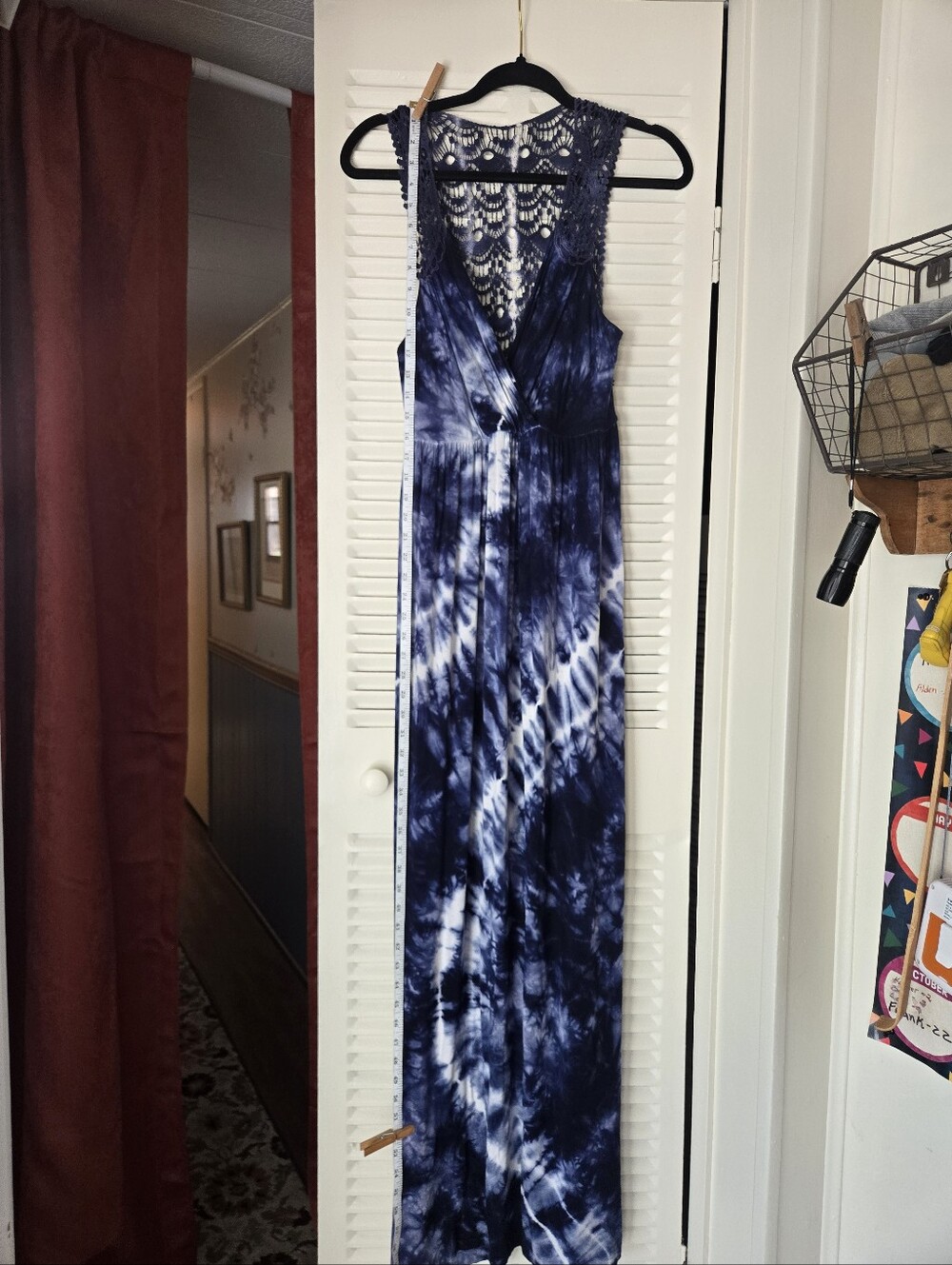 AB Studio Navy and White Tie-Dye Maxi Dress with Crochet Back